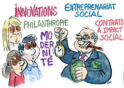 Campagne de don pour la parution du rapport sur la marchandisation des assos - dessin de Pavo
